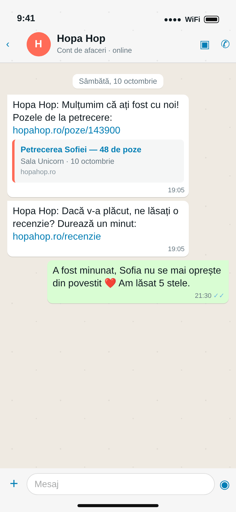 WhatsApp după petrecere: linkul cu pozele, rugămintea de recenzie, răspunsul Irinei