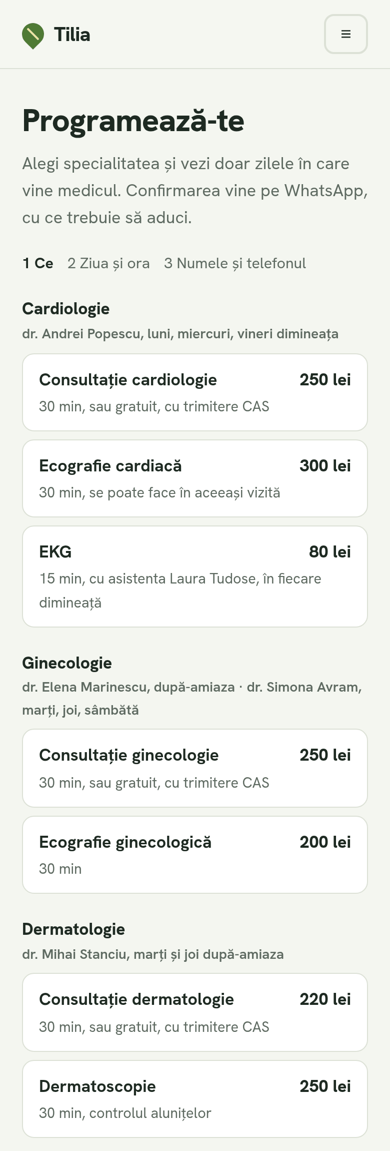 Pagina de programare a policlinicii Tilia pe telefonul unui pacient: specialitățile, cu medicul și zilele lui