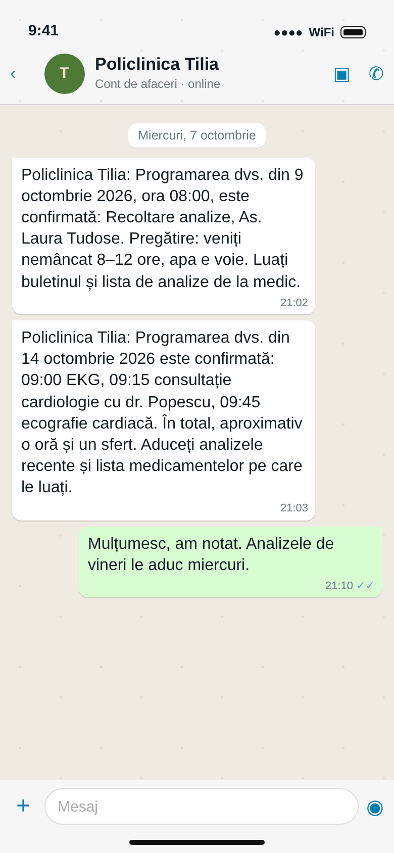 WhatsApp: confirmarea analizelor cu „veniți nemâncat 8–12 ore” și confirmarea controlului cardiologic cu cei trei pași și ce trebuie adus