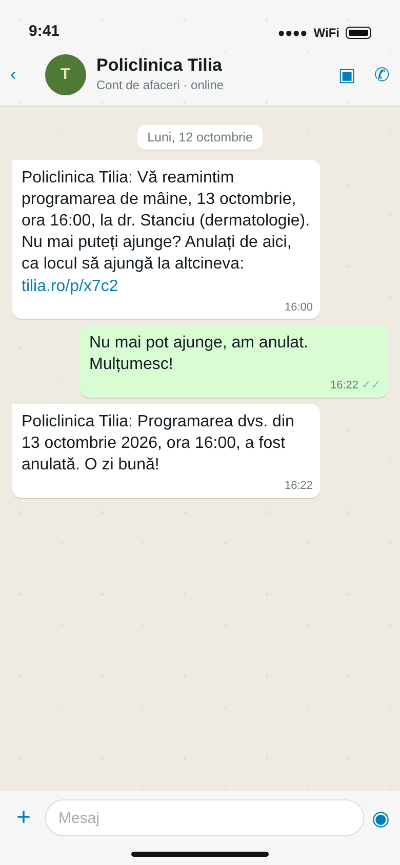 WhatsApp: reamintirea pentru dermatologie cu linkul de anulare, răspunsul pacientului și confirmarea anulării