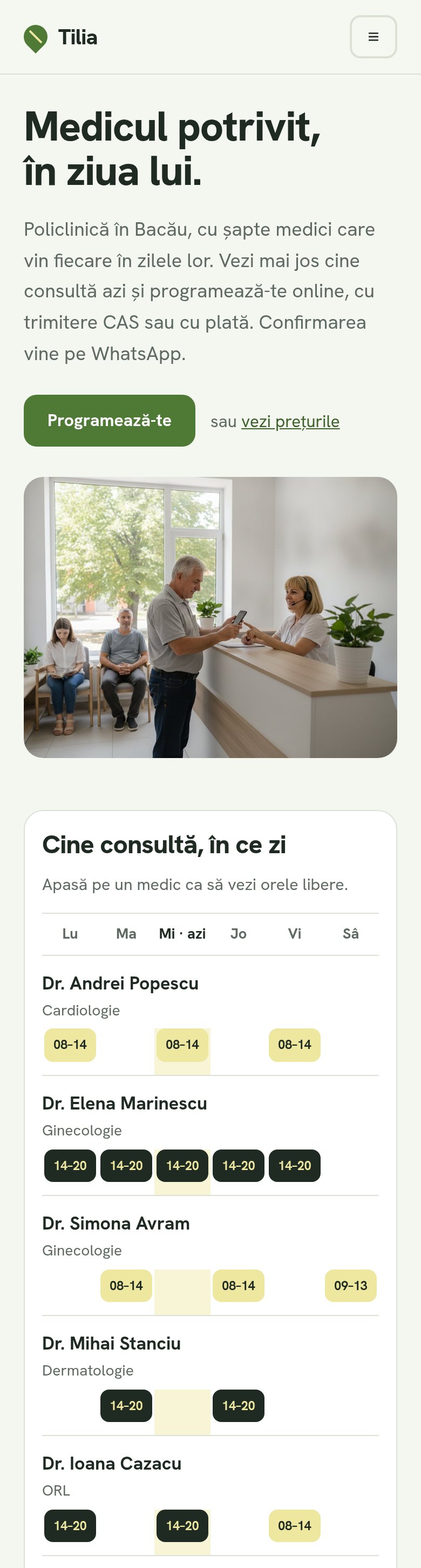 Site-ul Tilia pe telefon: „Medicul potrivit, în ziua lui.”, recepția și tabla săptămânii