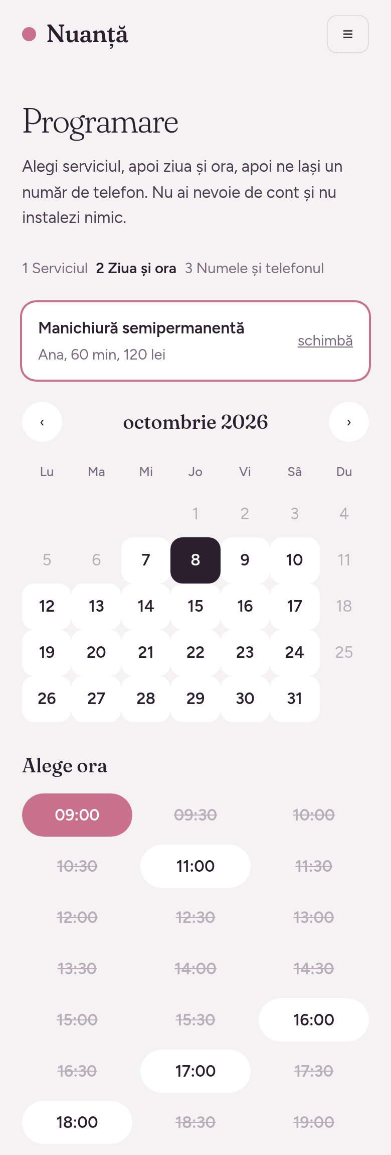 Pagina de programare a salonului Nuanță pe telefonul unei cliente