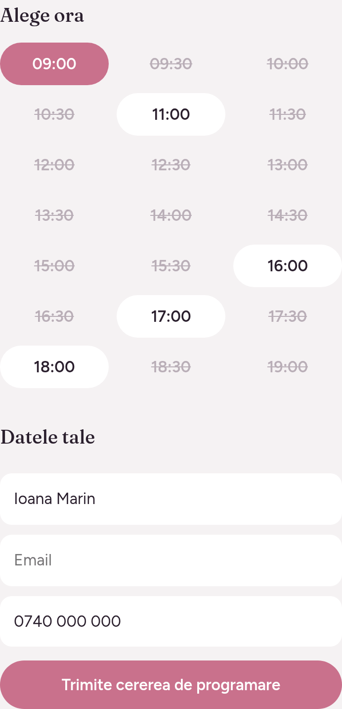 Orele libere de joi 8 octombrie la Ana, 14:00 aleasă, apoi numele și telefonul clientei și butonul de trimitere
