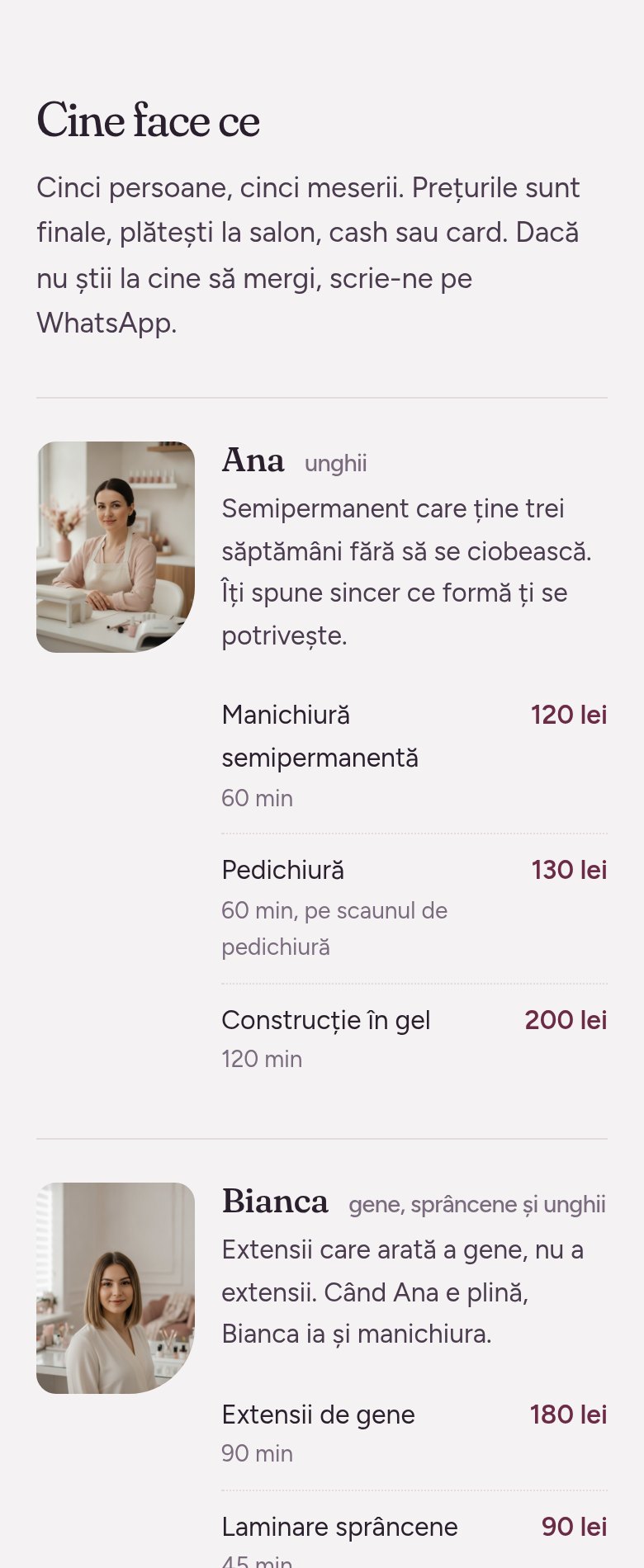 Secțiunea „Cine face ce” de pe site: Ana cu serviciile de unghii, Bianca cu gene, sprâncene și manichiură, prețuri și durate