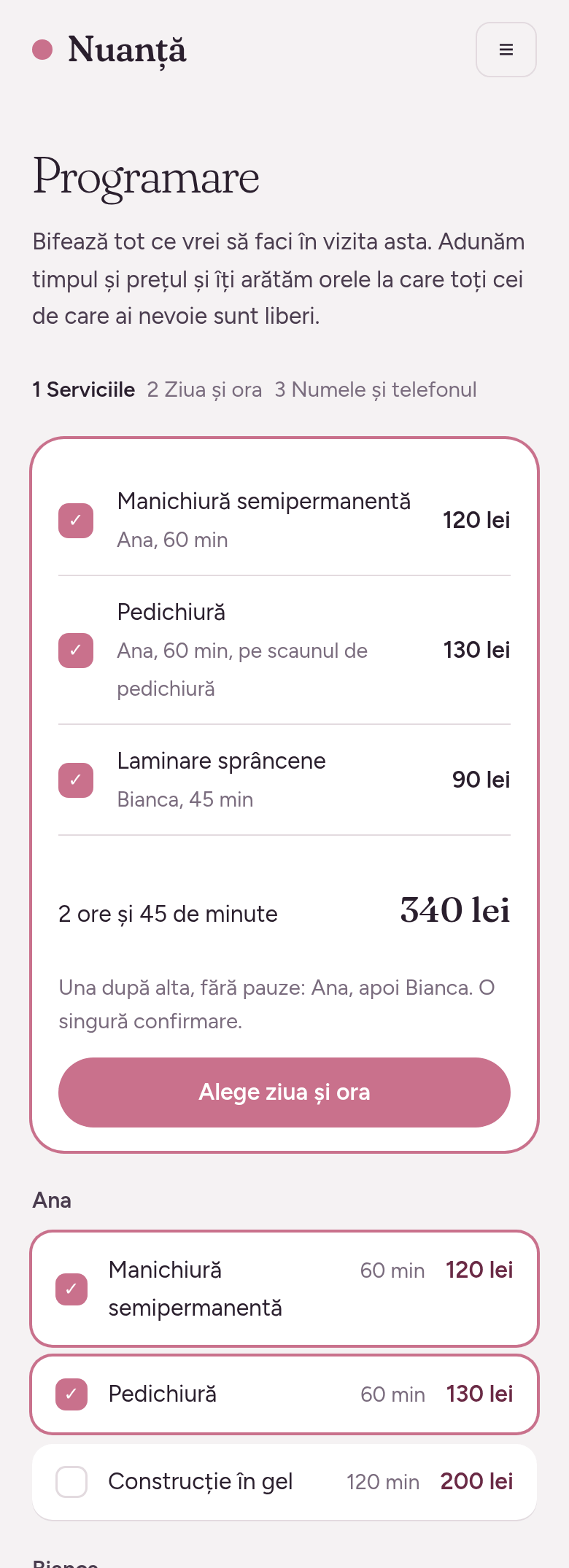 Pagina de programare cu trei servicii bifate: manichiură și pedichiură cu Ana, laminare cu Bianca, 2 ore și 45 de minute, 340 lei