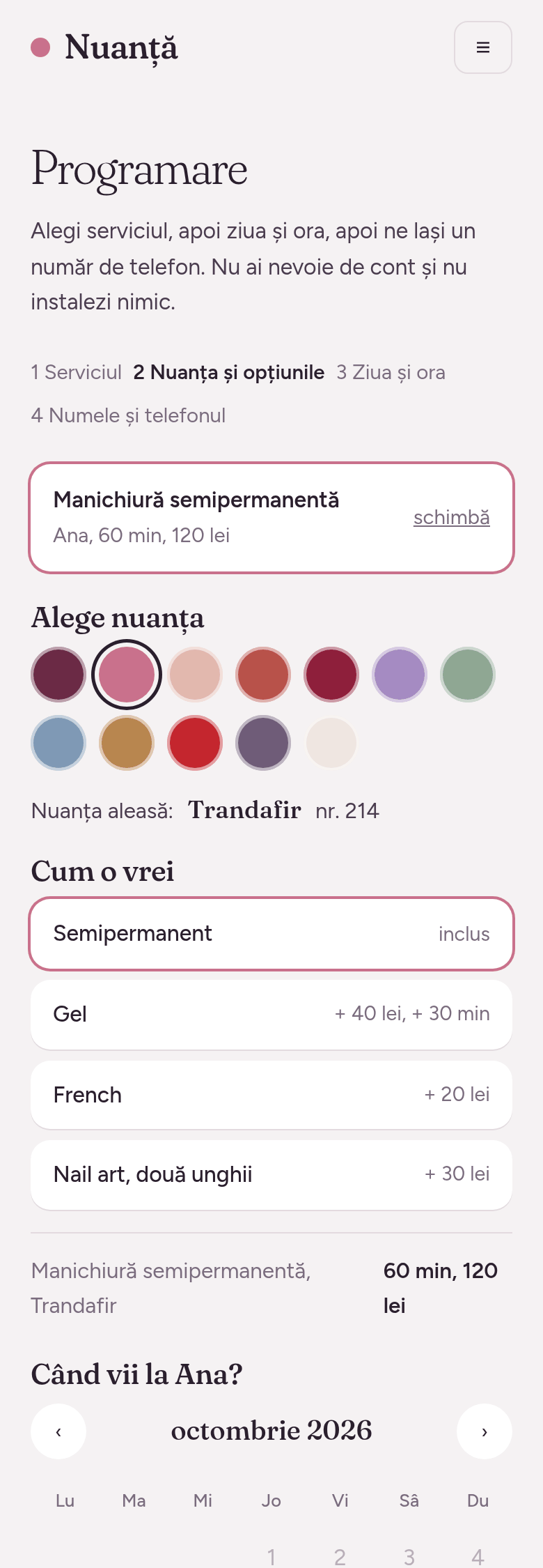 Pasul „Alege nuanța” de pe pagina de programare: douăsprezece nuanțe, Trandafir aleasă, opțiunile semipermanent, gel, French