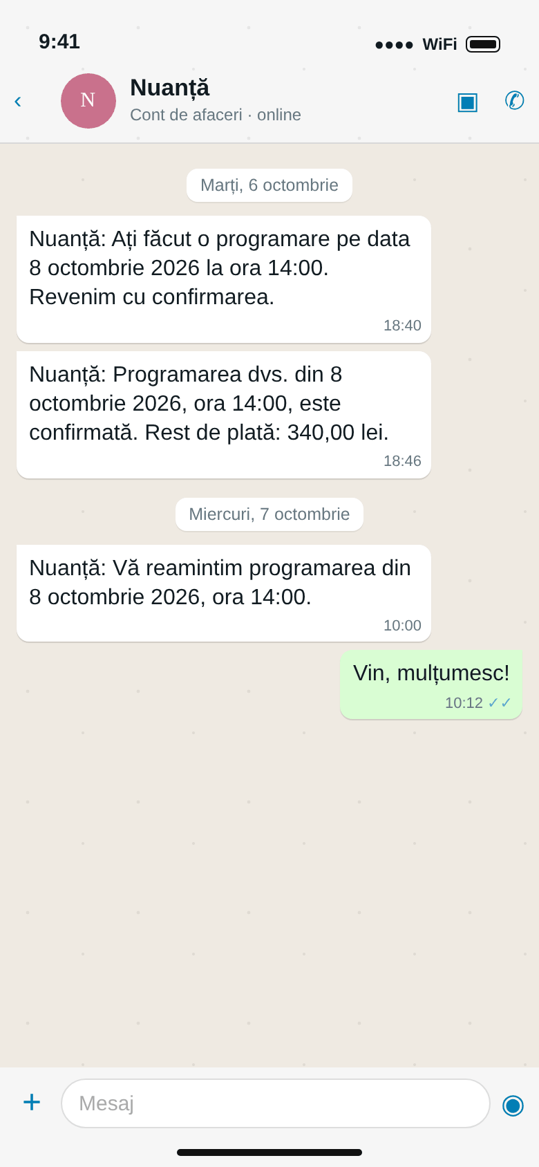 WhatsApp: cererea primită, programarea din 8 octombrie confirmată cu restul de plată, reamintirea de a doua zi
