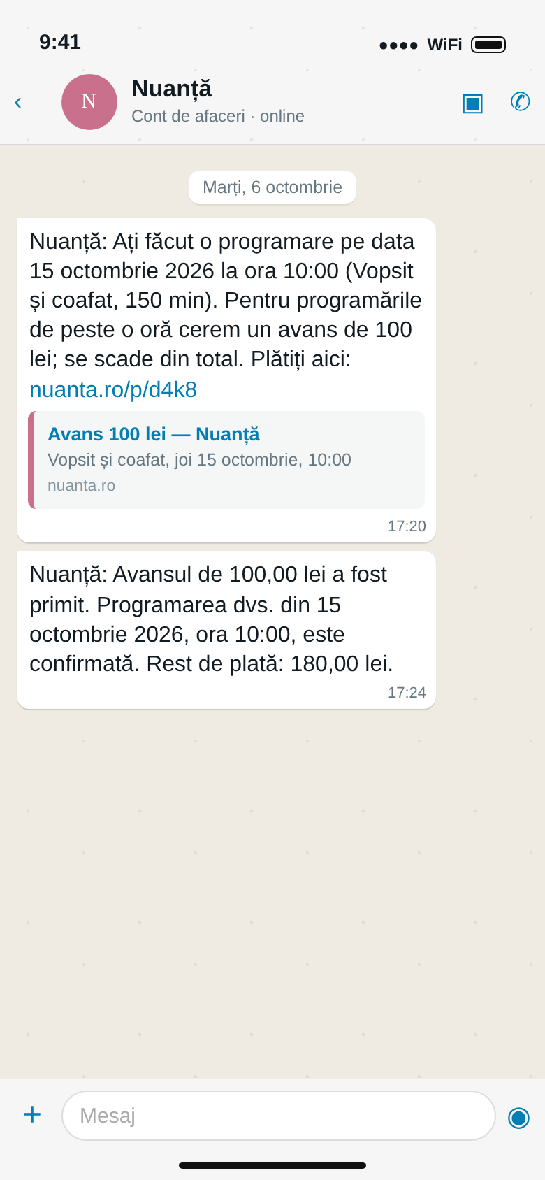 WhatsApp: programarea pentru vopsit cere un avans de 100 lei, plătit din link, apoi confirmarea cu restul de 180 lei