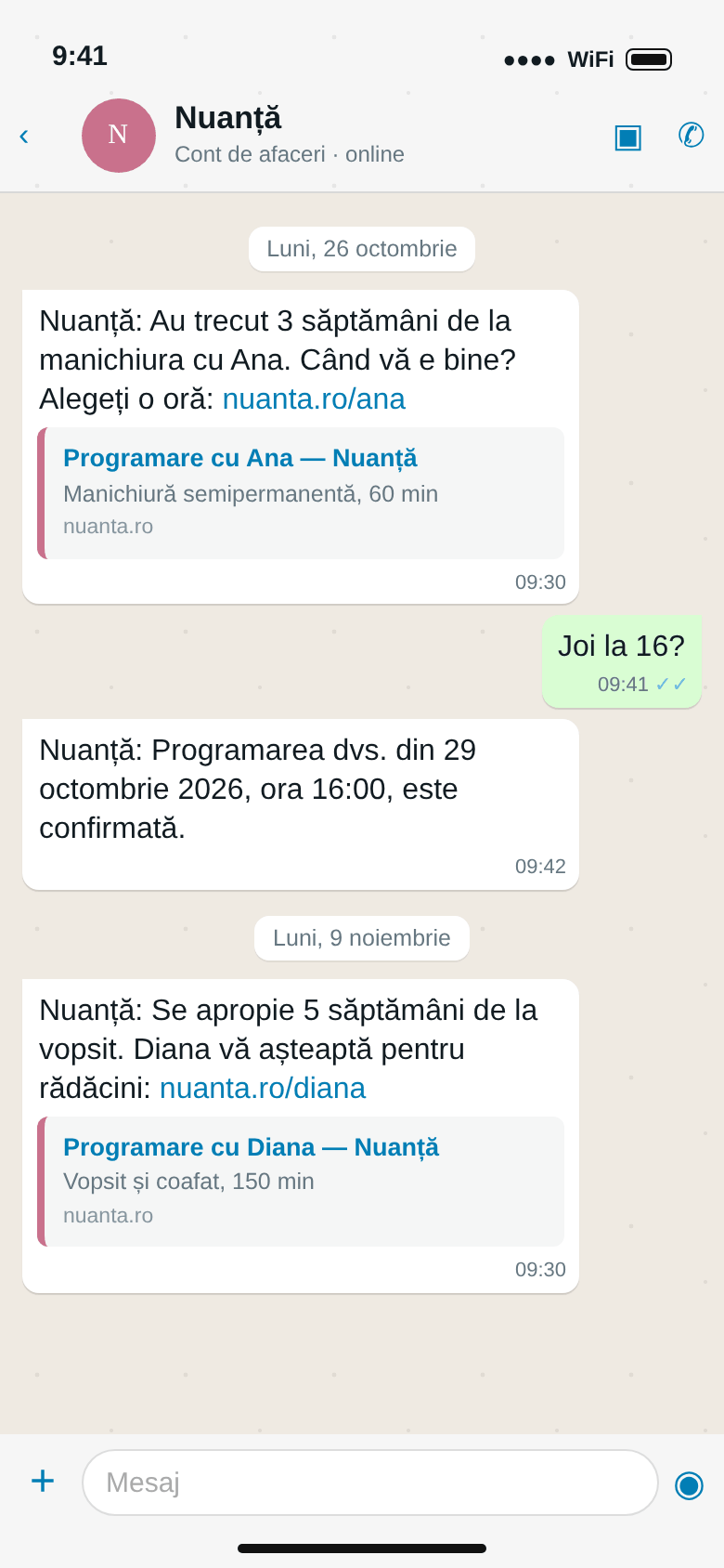 WhatsApp: „Au trecut 3 săptămâni de la manichiura cu Ana” cu link, apoi „se apropie 5 săptămâni de la vopsit” de la Diana