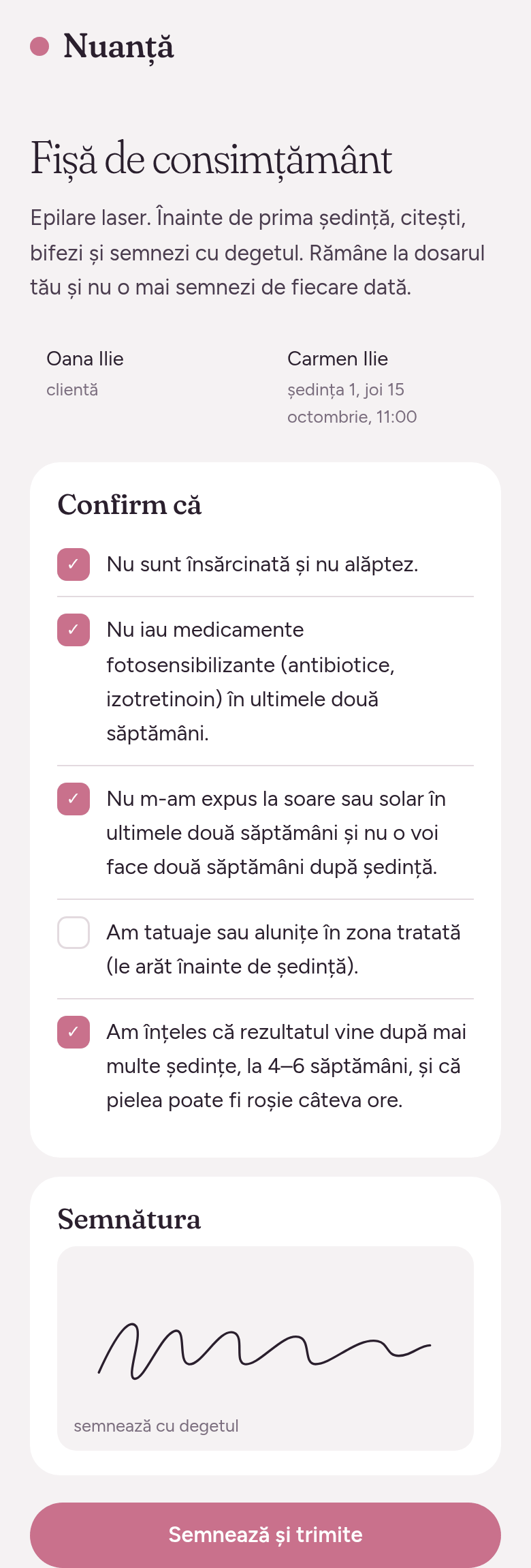 Fișa de consimțământ pentru epilare laser pe telefon: cinci afirmații bifate și semnătura cu degetul