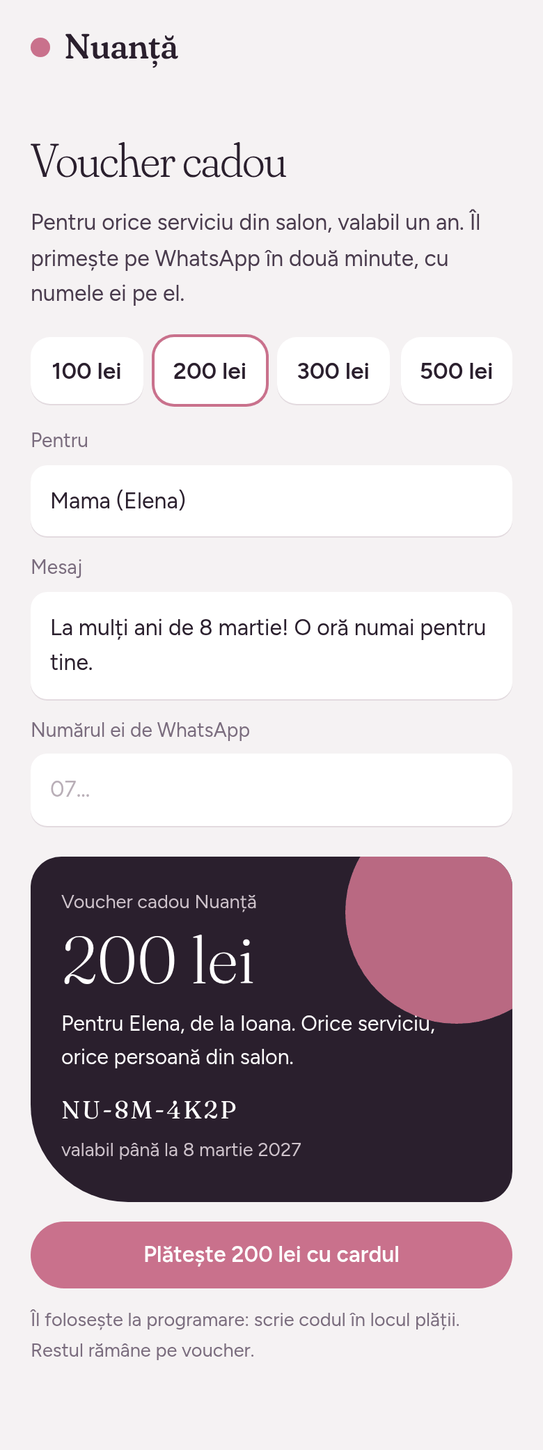 Pagina de voucher cadou: 200 lei alese, pentru Elena, mesajul de 8 martie și cardul cu codul
