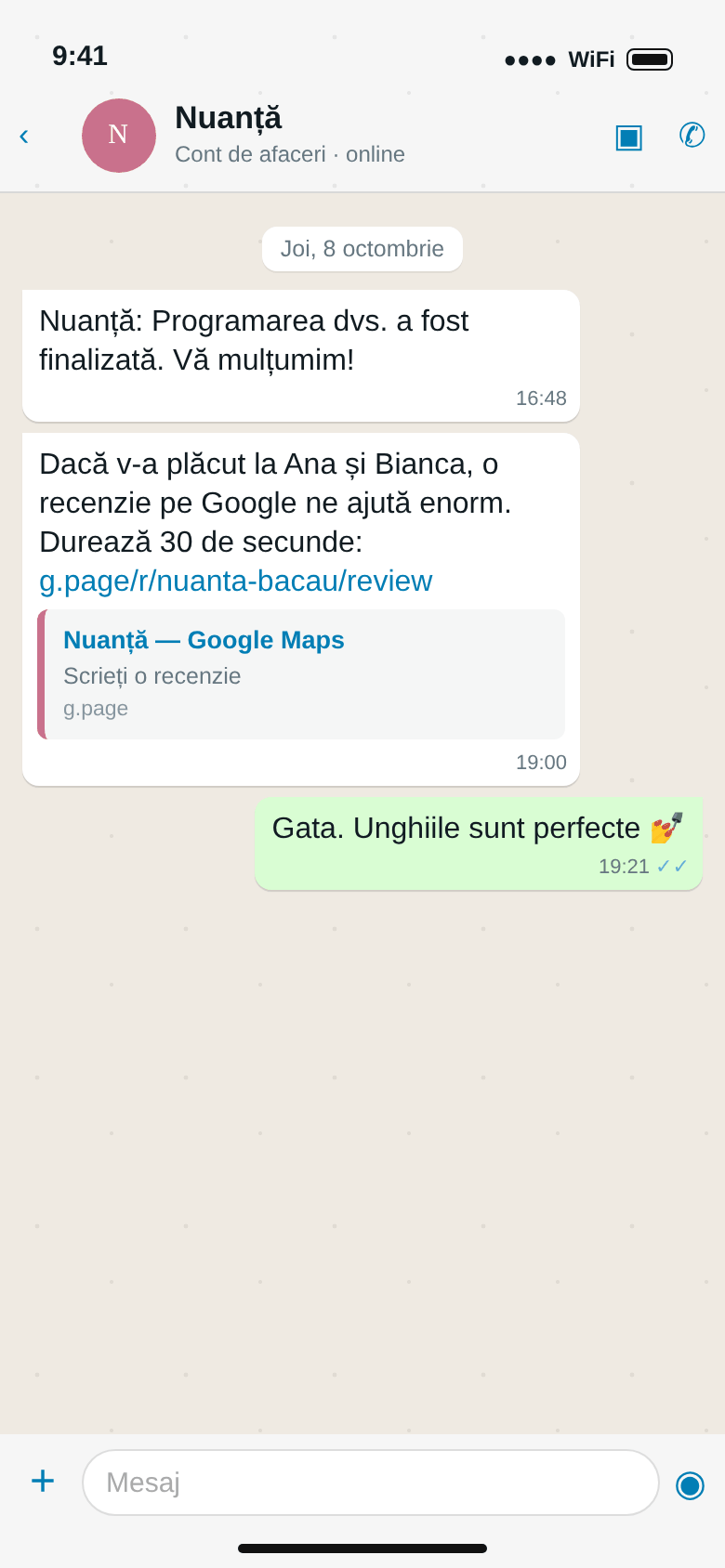 WhatsApp: mulțumirea după vizită și invitația la o recenzie pe Google, cu răspunsul clientei