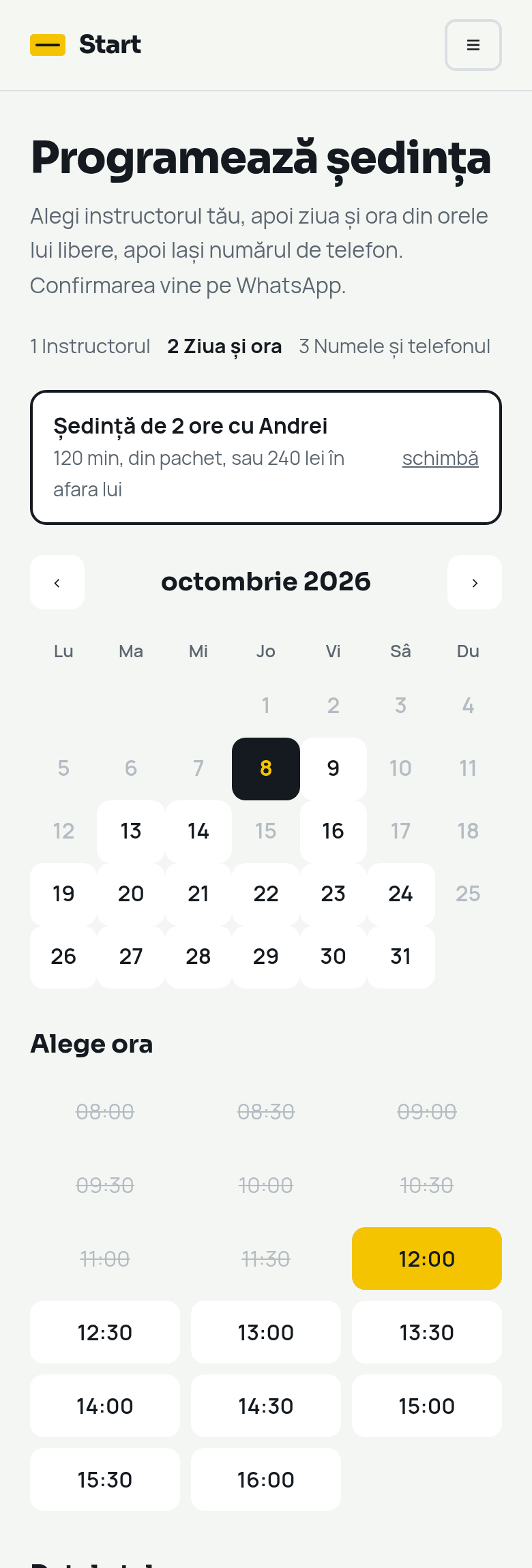 Pagina de programare a școlii Start pe telefonul unui elev