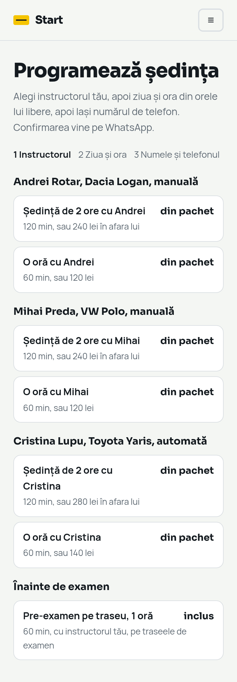 Pagina de programare: ședințe de 2 ore sau o oră cu Andrei, Mihai sau Cristina, din pachet, cu mașina fiecăruia