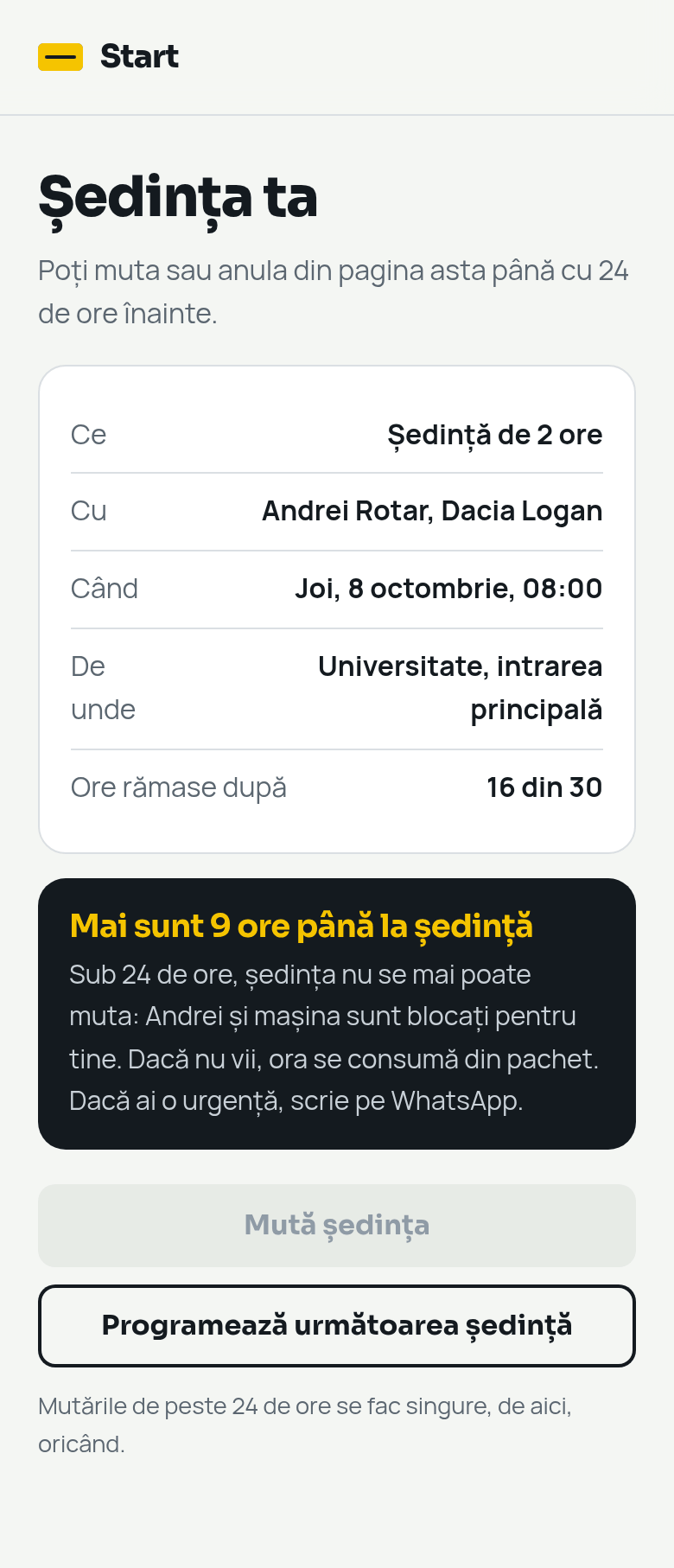 Pagina elevului din link, cu 9 ore înainte de ședință: mutarea nu se mai poate face, ora se consumă din pachet