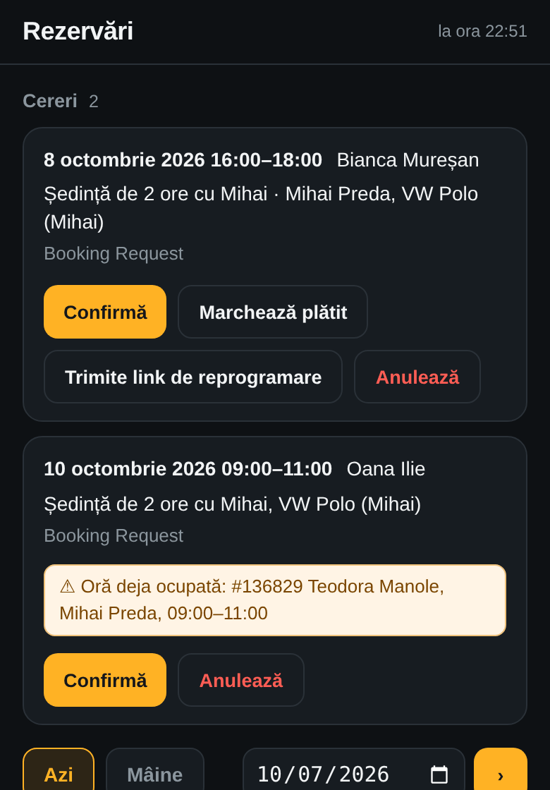 Cererile din aplicația ta: Bianca Mureșan pentru joi cu Mihai și Oana Ilie pentru sâmbătă 09:00, ora ocupată de Teodora Manole