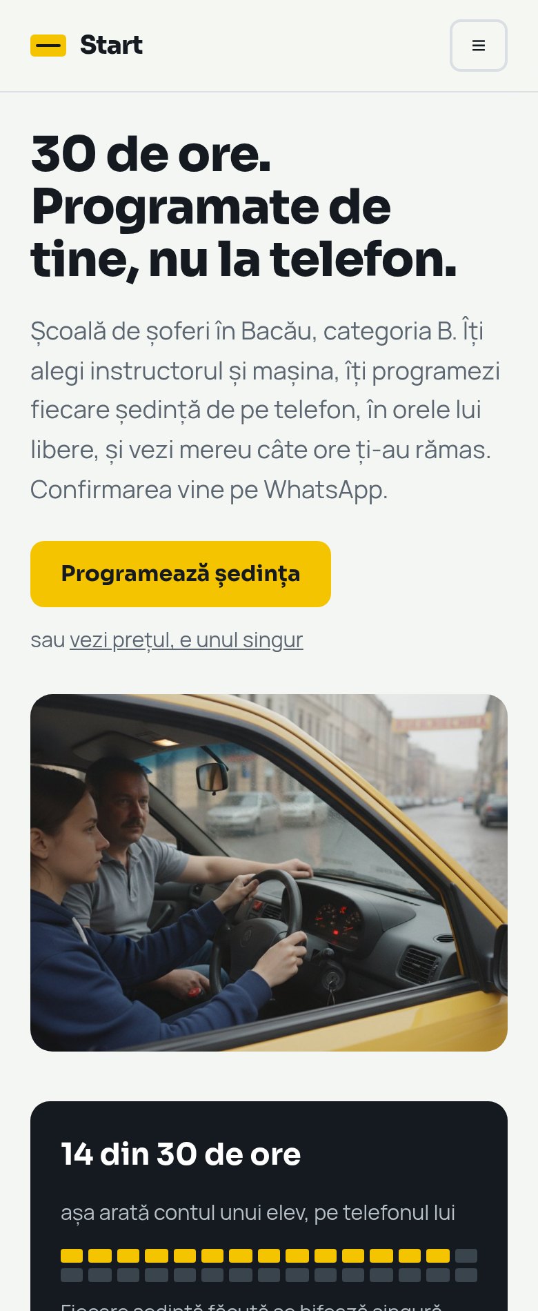 Site-ul Școlii Start pe telefon: „30 de ore. Programate de tine, nu la telefon.”, butonul de programare și poza din mașină