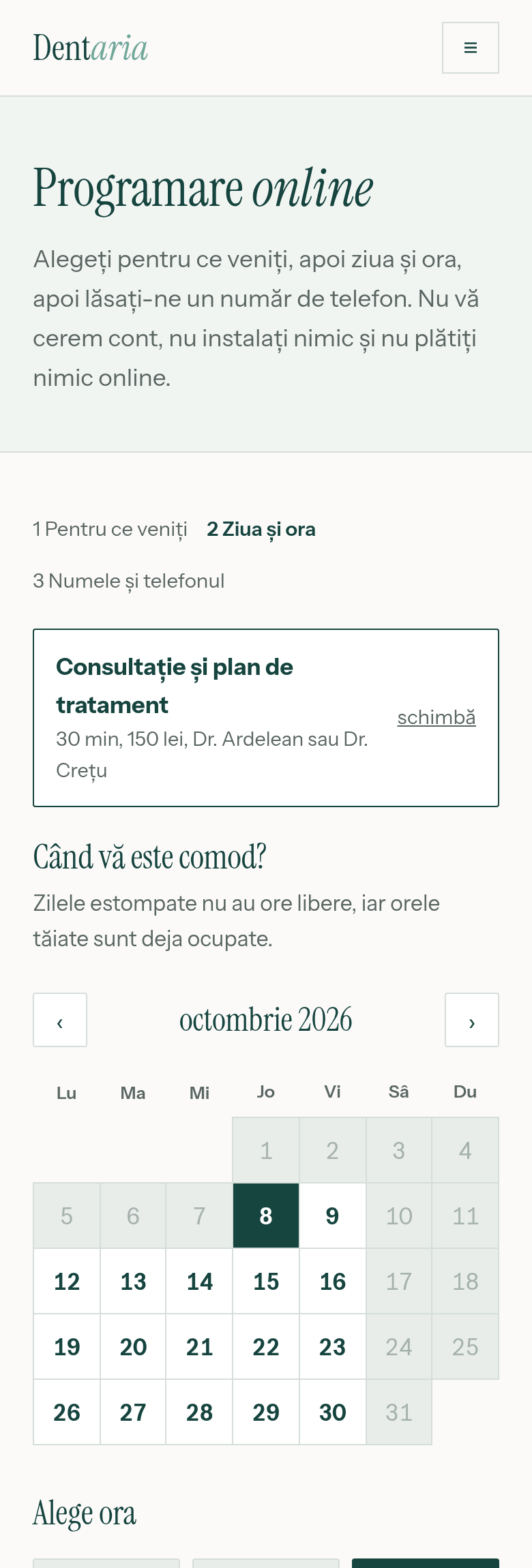 Pagina de programare a clinicii Dentaria pe telefonul unui pacient