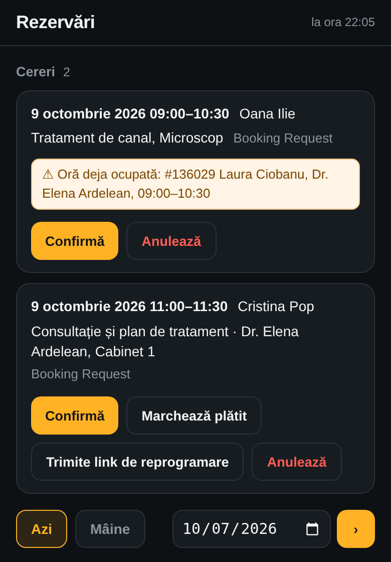 Cererile din aplicația ta: Cristina Pop pentru consultație și Oana Ilie pentru tratament de canal, cu avertismentul „Oră deja ocupată”