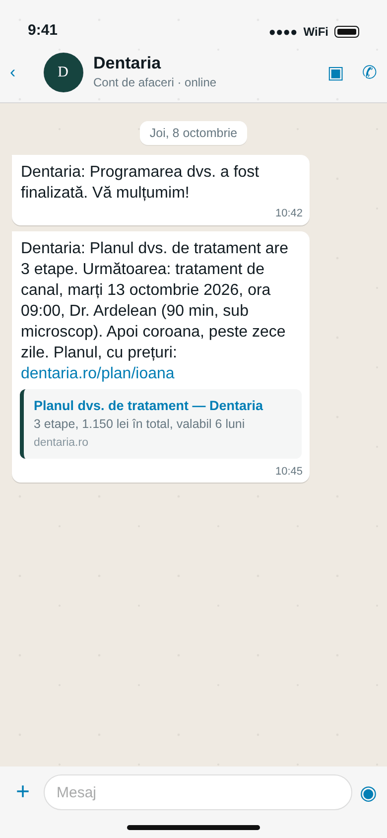 WhatsApp: vizita finalizată, apoi planul cu următoarea etapă, tratamentul de canal de marți la Dr. Ardelean, și linkul către plan