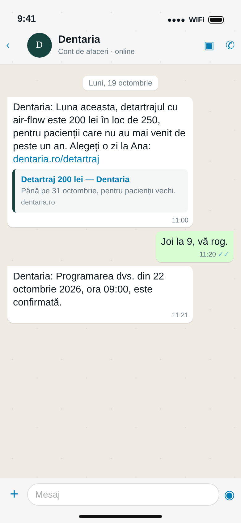 WhatsApp: oferta de detartraj la 200 lei pentru pacienții vechi, și programarea care a venit din ea