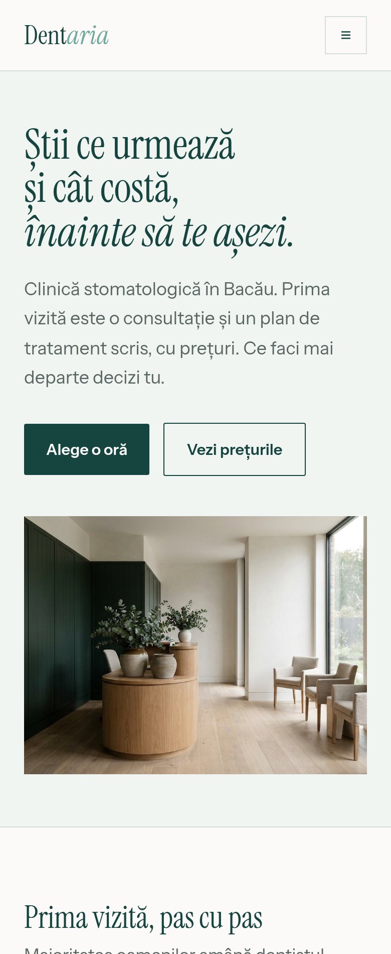 Site-ul Dentaria pe telefon: „Știi ce urmează și cât costă, înainte să te așezi”, cu butoanele Alege o oră și Vezi prețurile