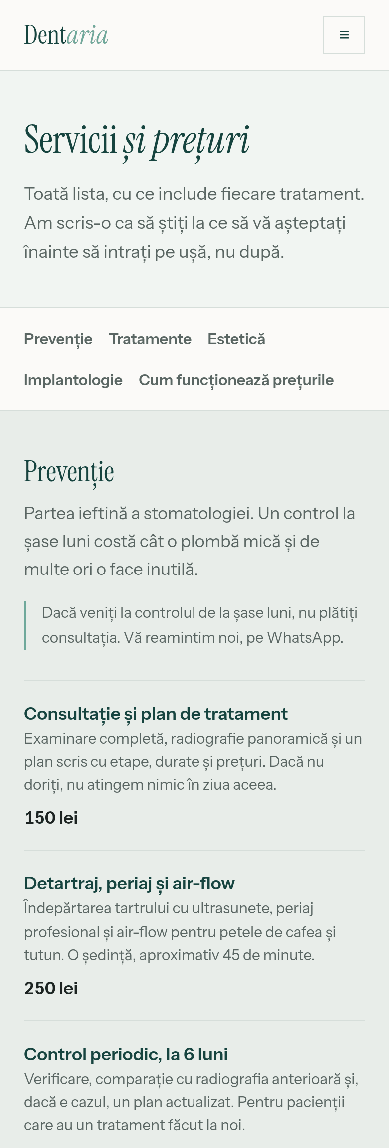 Pagina de servicii și prețuri a clinicii, cu ce include fiecare tratament