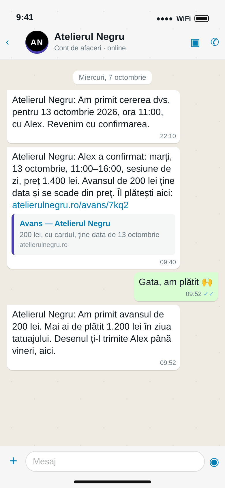 WhatsApp: Alex confirmă sesiunea de zi de marți, linkul de avans, „gata, am plătit”, avansul primit și restul de plată