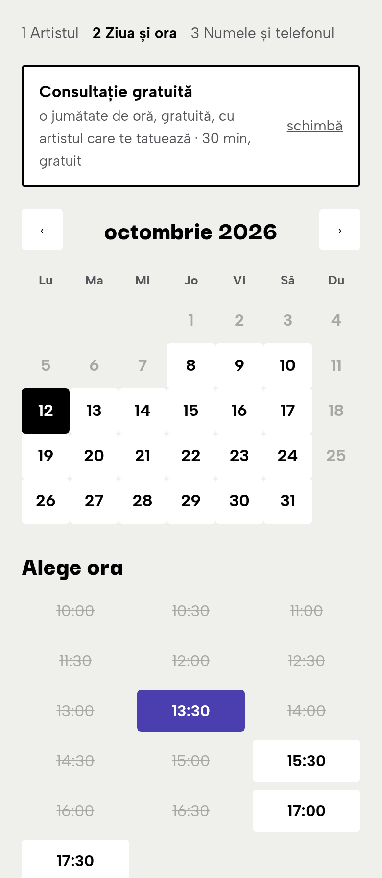 Consultația gratuită: calendarul lunii și orele libere de luni, 13:30 aleasă