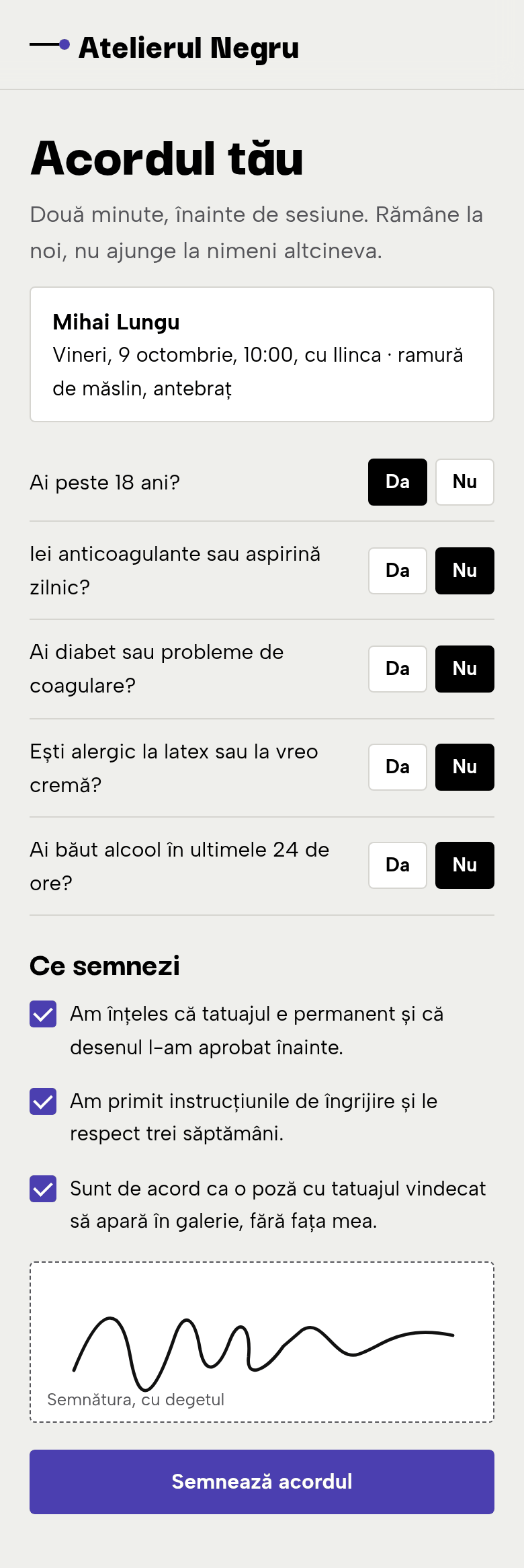Acordul pe telefon: peste 18 ani, anticoagulante, diabet, alergii, alcool, cele trei bife și semnătura cu degetul