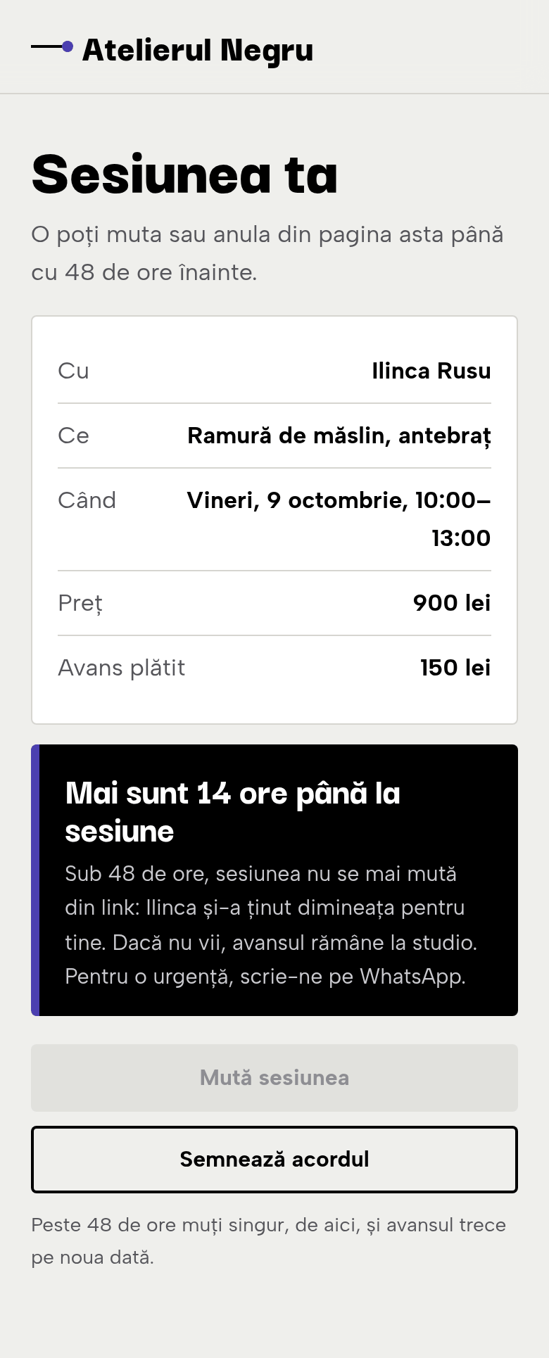 Pagina clientului din link, cu 14 ore înainte: mutarea nu se mai poate face, avansul de 150 lei rămâne la studio