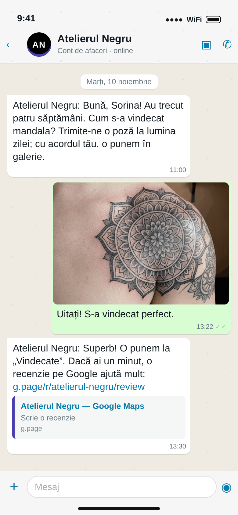 WhatsApp: cererea pozei după patru săptămâni, mandala vindecată trimisă de clientă, invitația la recenzie