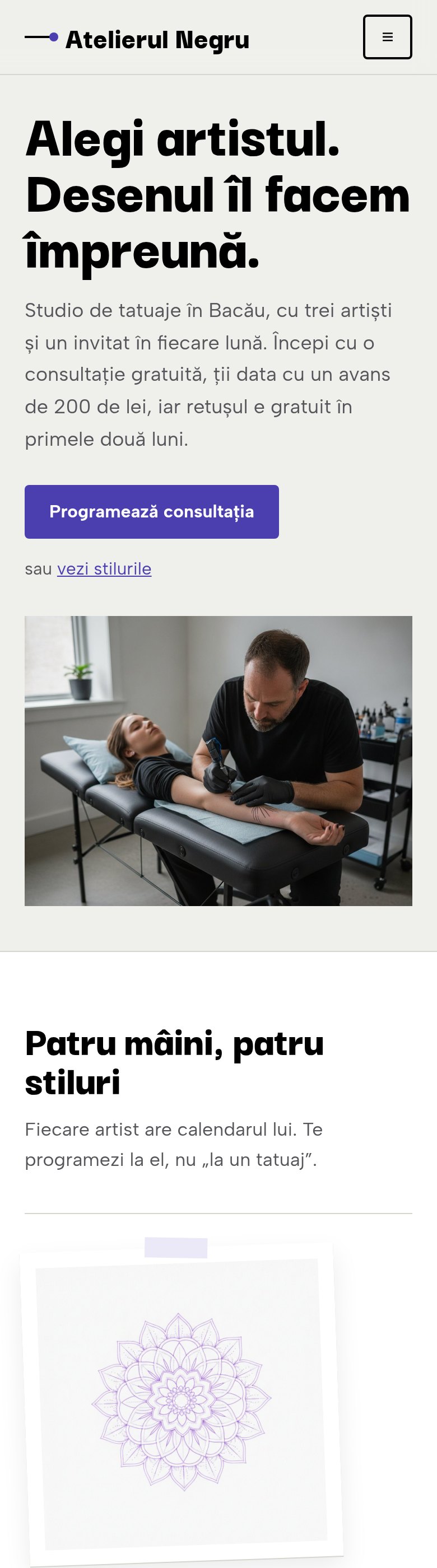Site-ul Atelierul Negru pe telefon: „Alegi artistul. Desenul îl facem împreună.”, consultația și poza din studio