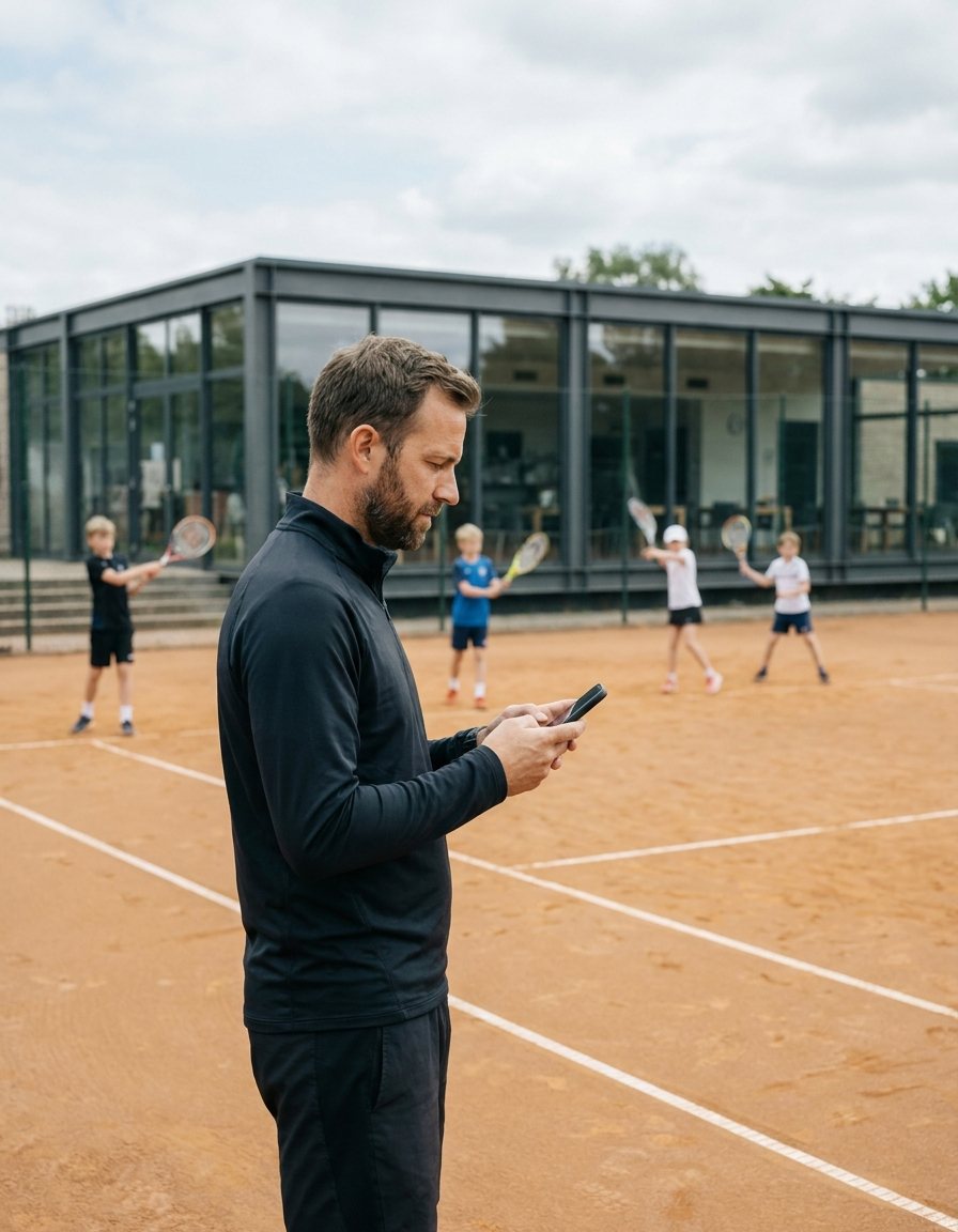 Un antrenor de tenis pe un teren de zgură, cu telefonul în mână, copii antrenându-se în spate