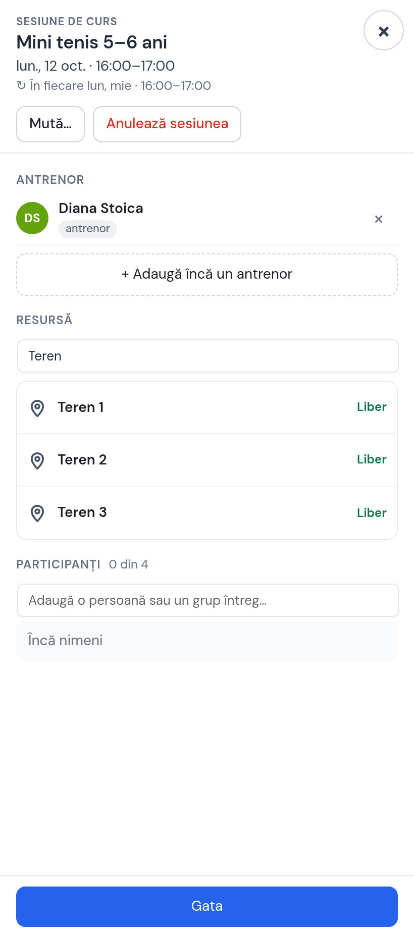Fișa ședinței Mini tenis 5–6 ani: antrenor Diana Stoica, căutarea de resurse „Teren” cu Teren 1, Teren 2, Teren 3 — toate libere