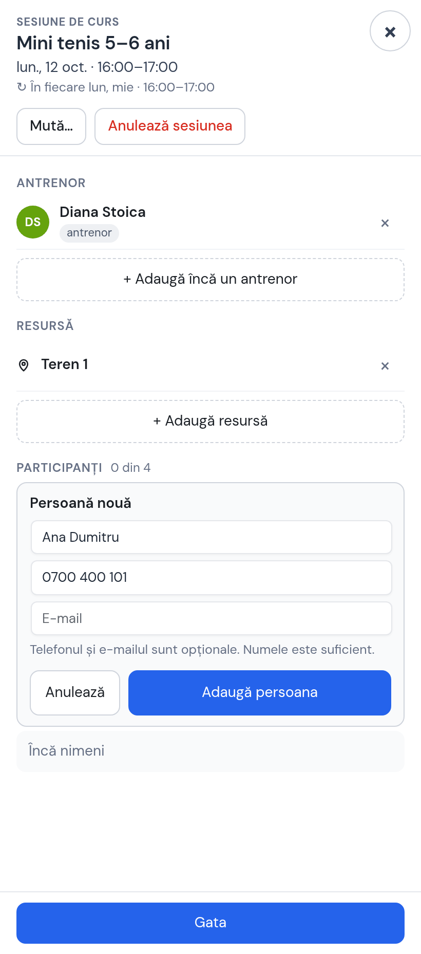 Formularul Persoană nouă în fișa ședinței: Ana Dumitru, telefon 0700 400 101, e-mail gol, textul „Telefonul și e-mailul sunt opționale. Numele este suficient”, butonul Adaugă persoana