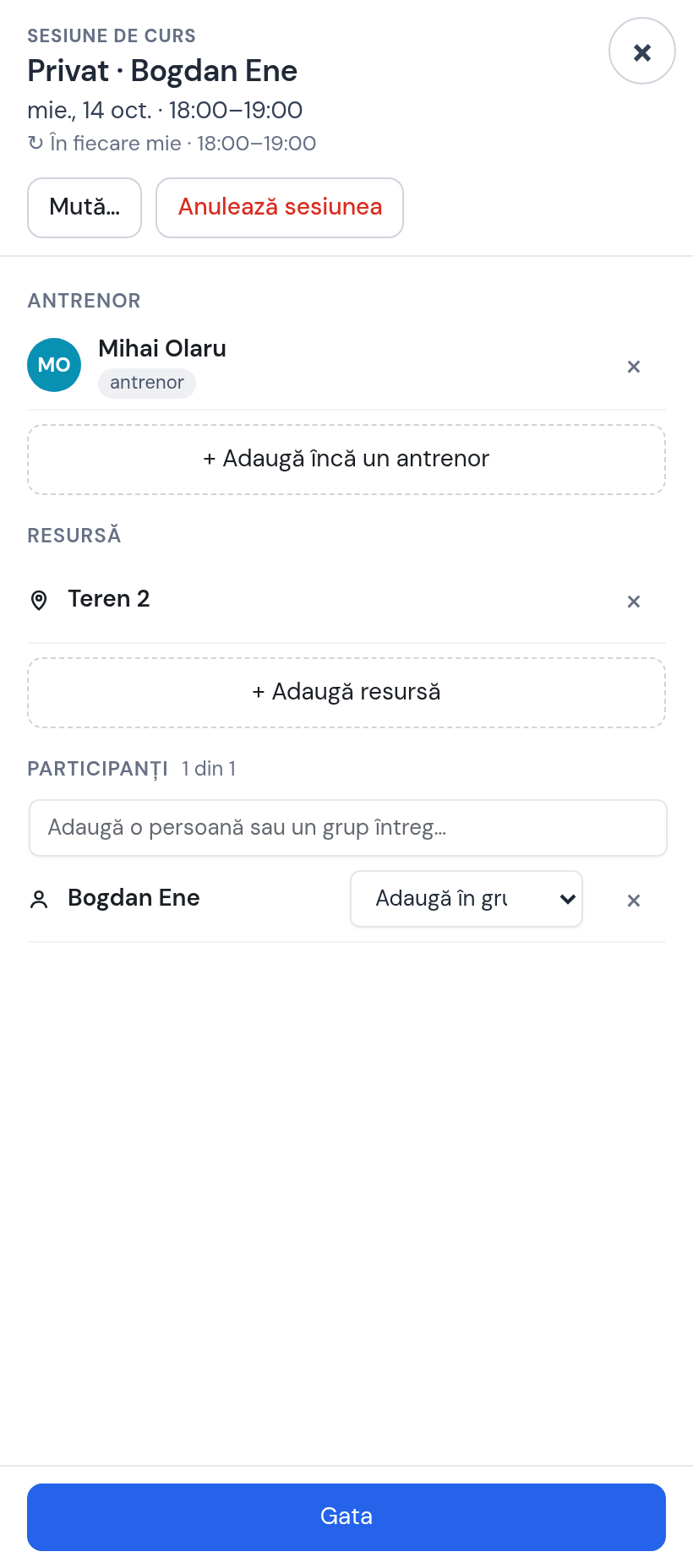 Fișa ședinței Privat · Bogdan Ene, miercuri 14 oct. 18:00–19:00, în fiecare miercuri: antrenor Mihai Olaru, resursă Teren 2, participanți 1 din 1 — Bogdan Ene