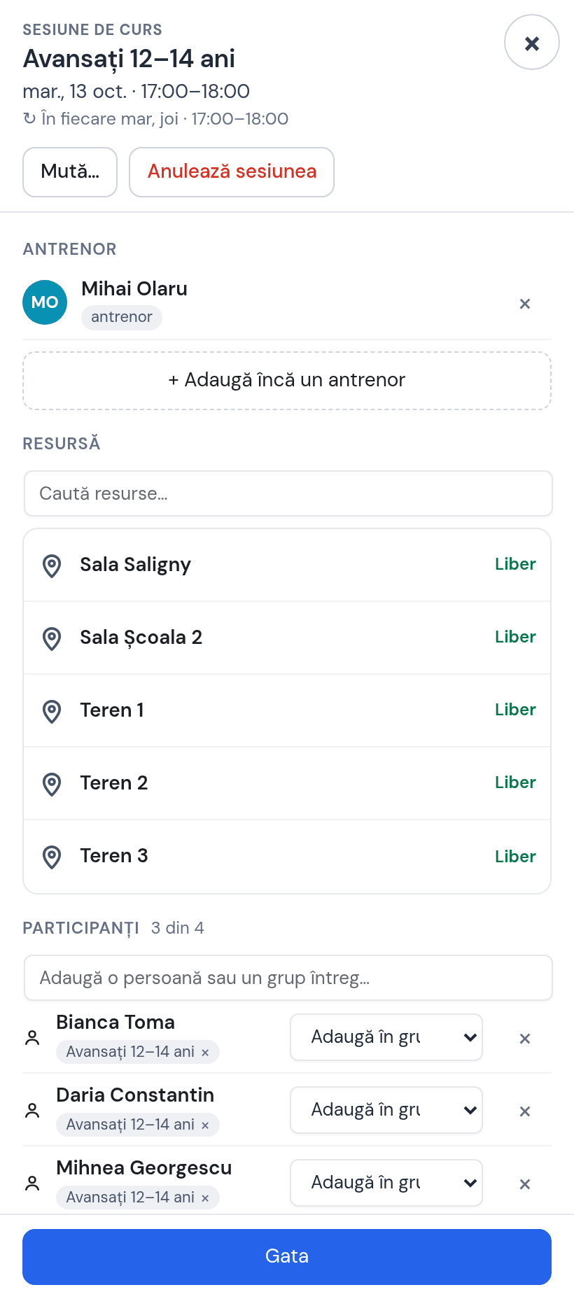 Fișa ședinței Avansați 12–14 ani de marți 13 oct. cu Mihai: lista de resurse Sala Saligny, Sala Școala 2, Teren 1, 2, 3 — toate libere