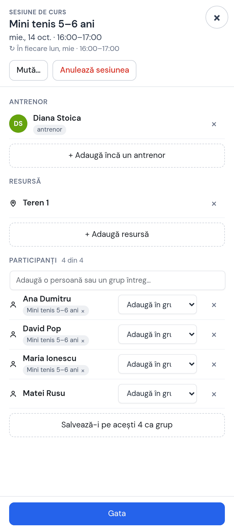 Fișa ședinței Mini tenis 5–6 ani de miercuri 14 oct.: Diana, Teren 1, participanți 4 din 4 — Ana, David, Maria și Matei Rusu nou adăugat
