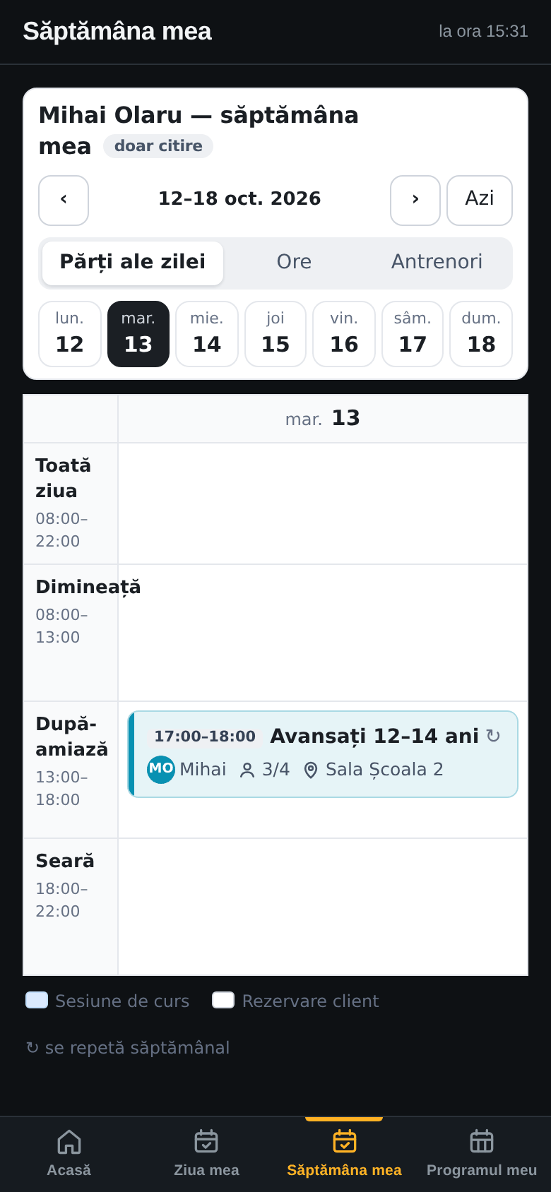 Aplicația lui Mihai, Săptămâna mea: 12–18 oct., marți 13 selectat, după-amiază 17:00–18:00 Avansați 12–14 ani, 3/4, Sala Școala 2