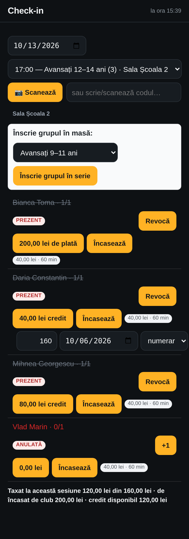 Rândul Dariei Constantin cu caseta de încasare deschisă: suma 160, data, metoda numerar